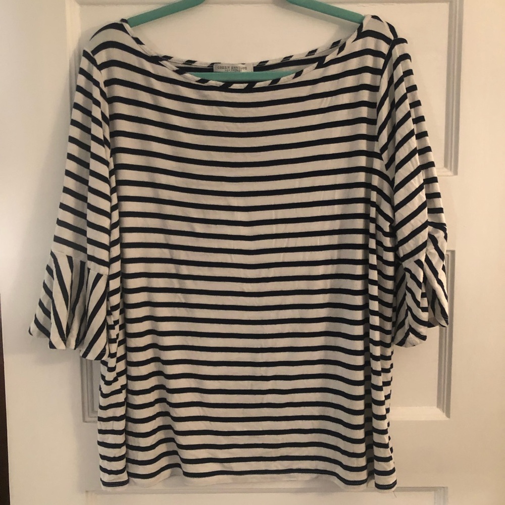 Boat neck striped blouse with bell sleeves